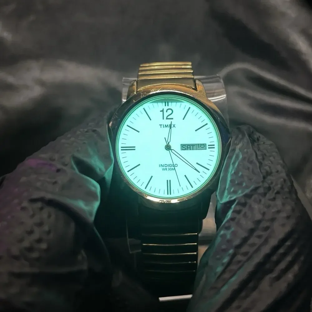 Timex Indiglo Quartz Day/Date Indiglo SS Gold Tone White Dial 38mm New Battery